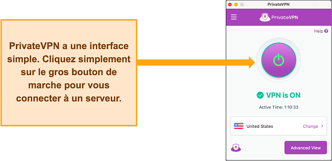 Image de l'interface de PrivateVPN lorsqu'il est connecté à un serveur