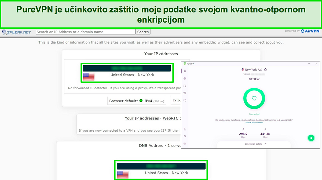 Snimka zaslona PureVPN-a povezanog s američkim poslužiteljem, s rezultatima IPLeak testa koji pokazuju da nema curenja podataka.
