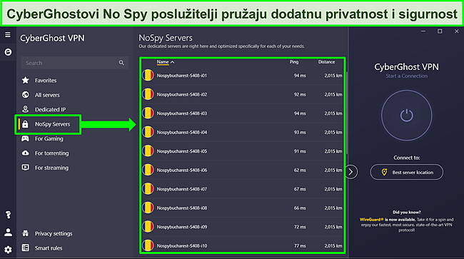 Snimka zaslona CyberGhostove aplikacije za Windows koja prikazuje popis poslužitelja NoSpy.