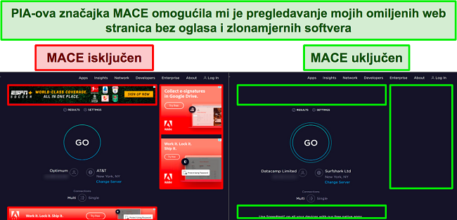 Snimke zaslona Ookle, s isključenim i uključenim PIA-inim MACE-om, prikazujući koliko oglasa učinkovito blokira.