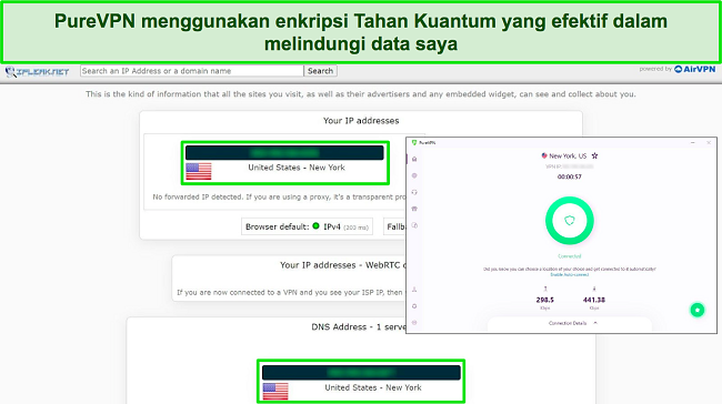 Cuplikan layar PureVPN terhubung ke server AS, dengan hasil tes IPLeak menunjukkan tidak ada kebocoran data.