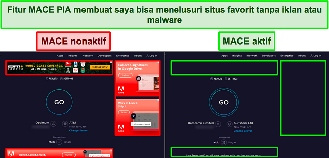 Cuplikan layar Ookla, dengan MACE PIA dimatikan dan dihidupkan, menunjukkan berapa banyak iklan yang diblokir secara efektif.