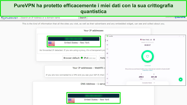 Screenshot di PureVPN connesso a un server statunitense, con i risultati di un test IPLeak che non mostra perdite di dati.