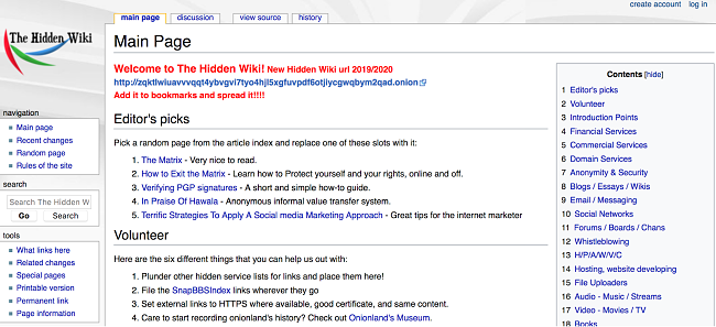 Tor 브라우저의 The Hidden Wiki 스크린 샷