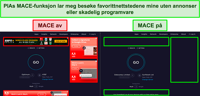 Skjermbilder av Ookla, med PIAs MACE slått av og på, som viser hvor mange annonser den effektivt blokkerer.