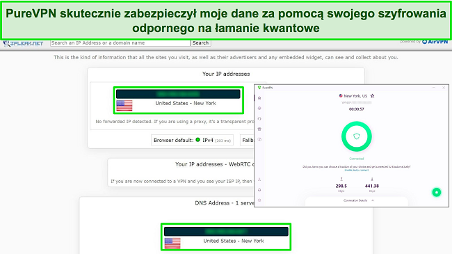 Zrzut ekranu przedstawiający połączenie PureVPN z serwerem w USA, z wynikami testu IPLeak, które nie wykazały żadnych wycieków danych.