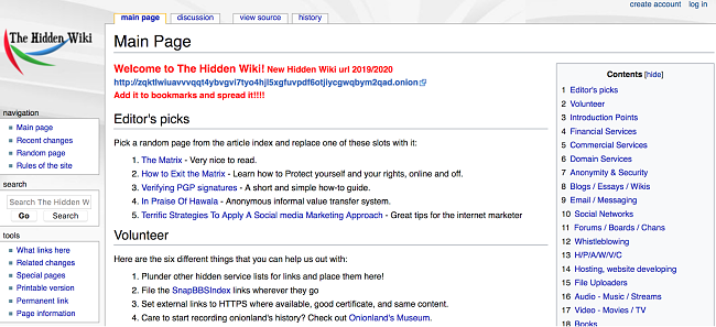 Zrzut ekranu The Hidden Wiki w przeglądarce Tor