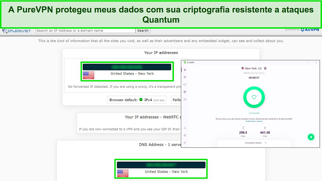 Captura de tela do PureVPN conectado a um servidor dos EUA, com os resultados de um teste IPLeak mostrando nenhum vazamento de dados.