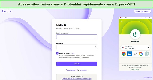 Captura de tela do Protonmail no navegador Tor enquanto a ExpressVPN está conectada a um servidor em Nova York, EUA