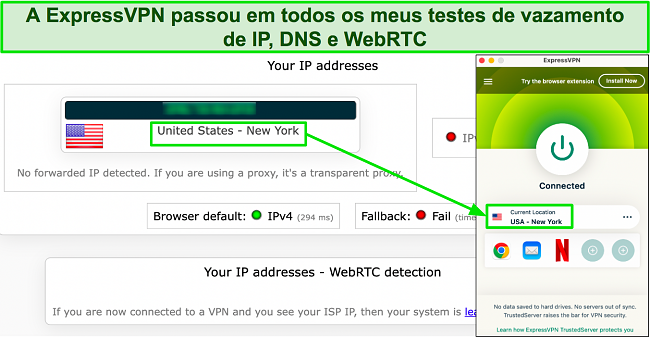 Imagem do teste de vazamento mostrando que a ExpressVPN oculta com sucesso o endereço IP original do usuário