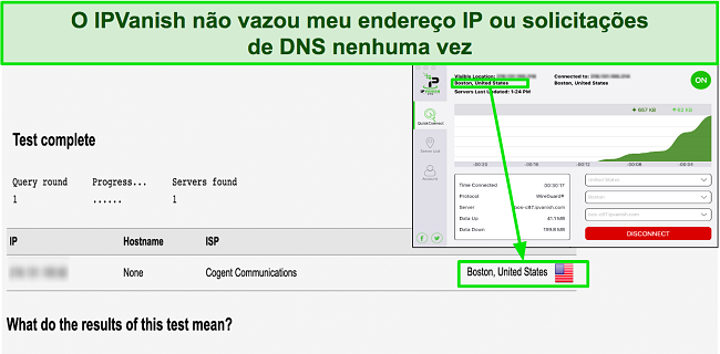 Imagem do teste de vazamento mostrando que o IPVanish oculta com sucesso o endereço IP original do usuário