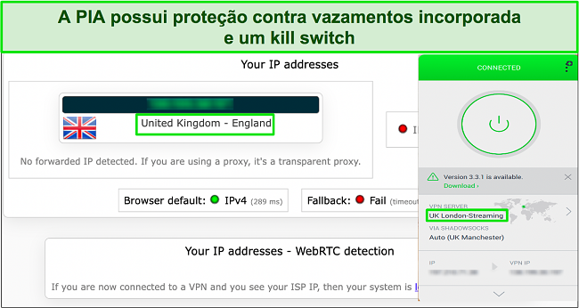 Imagem do teste de vazamento mostrando que o PIA oculta com sucesso o endereço IP original do usuário