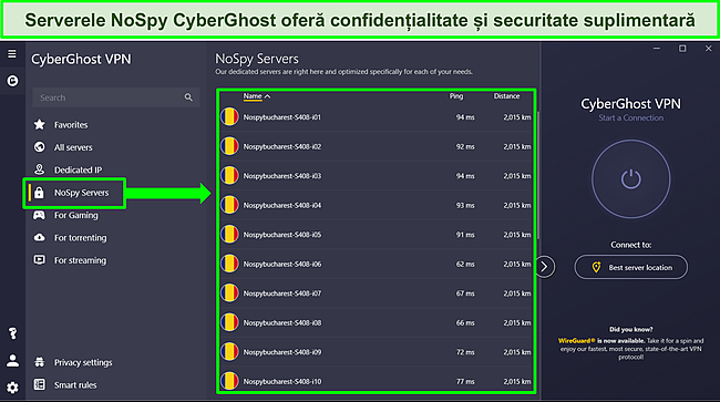 Captură de ecran a aplicației CyberGhost pentru Windows care arată lista de servere NoSpy.