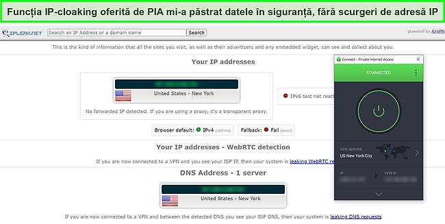 Captură de ecran a PIA conectată la un server din SUA cu rezultatele unui test de scurgeri IPLeak.net.