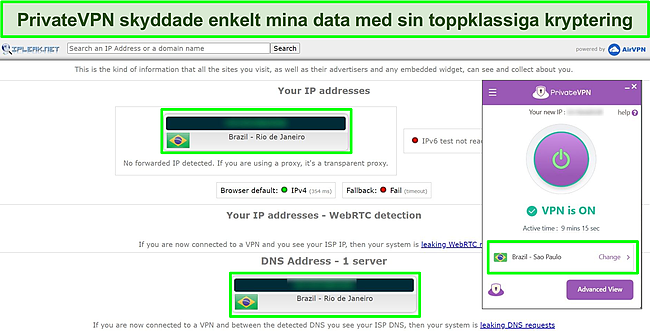 Skärmdump av PrivateVPN ansluten till Brasiliens server med resultaten av ett IP -läckagetest som inte visar några dataläckage.