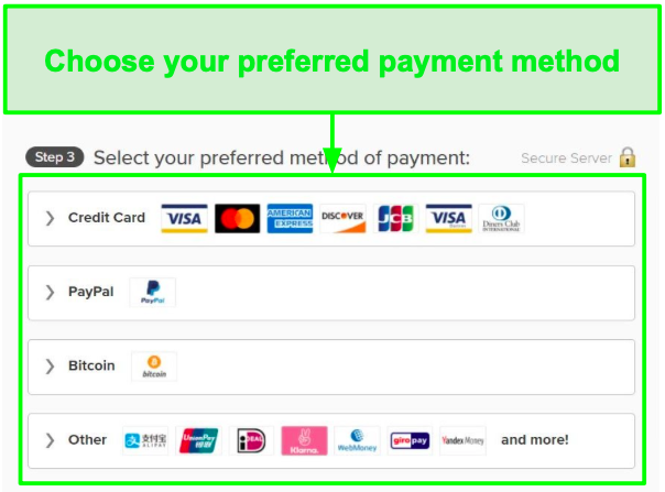 Screenshot of ExpressVPN payment methods.