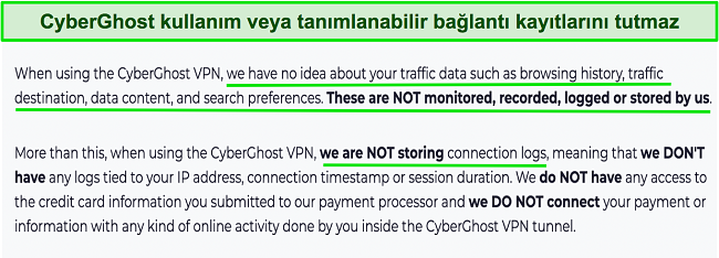 CyberGhost VPN'in gizlilik politikasının ekran görüntüsü