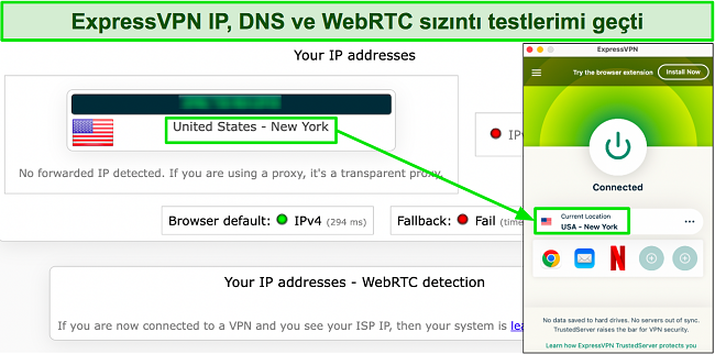 ExpressVPN'in kullanıcının orijinal IP adresini başarıyla gizlediğini gösteren sızıntı testinin görüntüsü