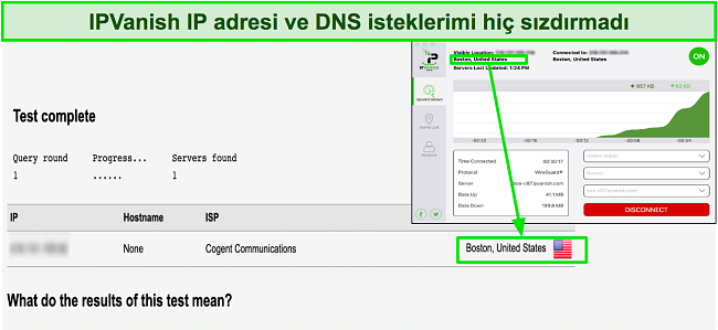 IPVanish'in kullanıcının orijinal IP adresini başarıyla gizlediğini gösteren sızıntı testinin görüntüsü