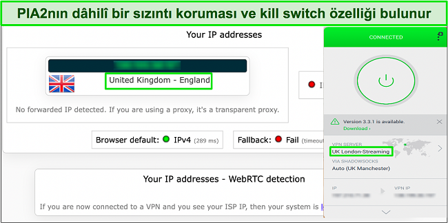 PIA'nın kullanıcının orijinal IP adresini başarıyla gizlediğini gösteren sızıntı testinin görüntüsü