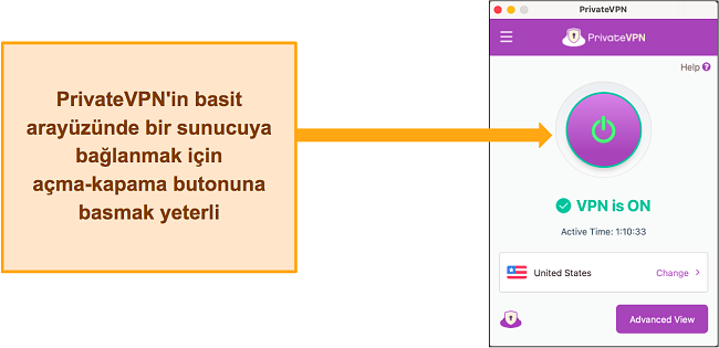 Bir sunucuya bağlıyken PrivateVPN arayüzünün görüntüsü