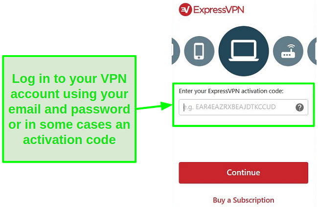 Screenshot of ExpressVPN desktop app log in
