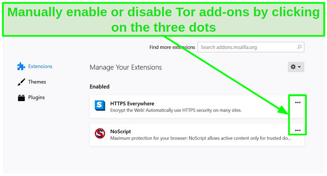 Screenshot of Tor's add-ons settings