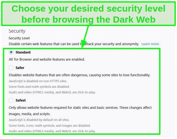 Screenshot of Tor's security level options