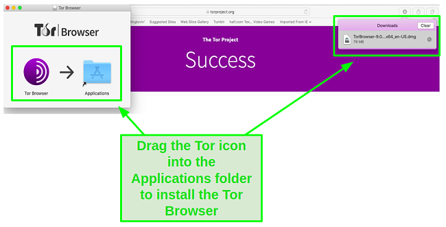 Drag the Tor icon into the Applications folder.