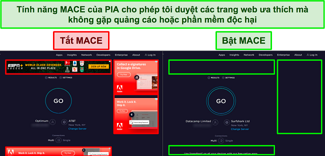 Ảnh chụp màn hình của Ookla, với MACE của PIA được tắt và bật, cho biết có bao nhiêu quảng cáo mà nó chặn hiệu quả.