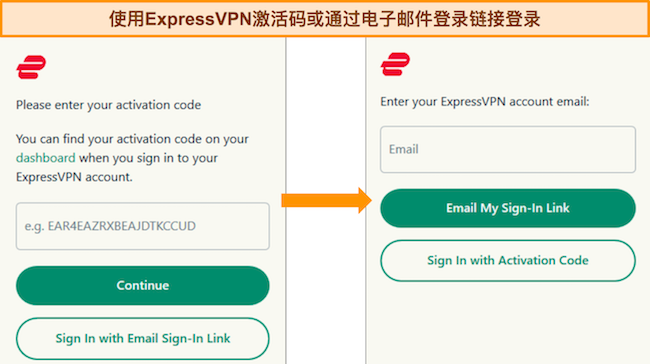 图像显示了 ExpressVPN 的 2 个登录选项 - 通过激活码或电子邮件登录链接。