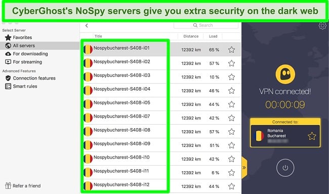 Screenshot of CyberGhost's NoSpy server menu