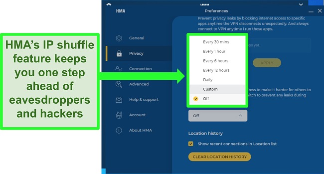 Screenshot of HMA's IP Shuffle feature in the privacy tab of the settings menu in Windows