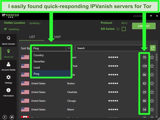 Screenshot showing IPVanish's server dropdown 