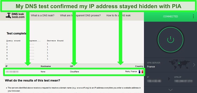 Screenshot of a DNS leak test while PIA is connected to a server in France