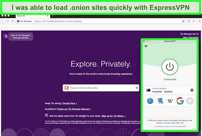 Screenshot of the Tor browser open while ExpressVPN is connected to a server in Australia