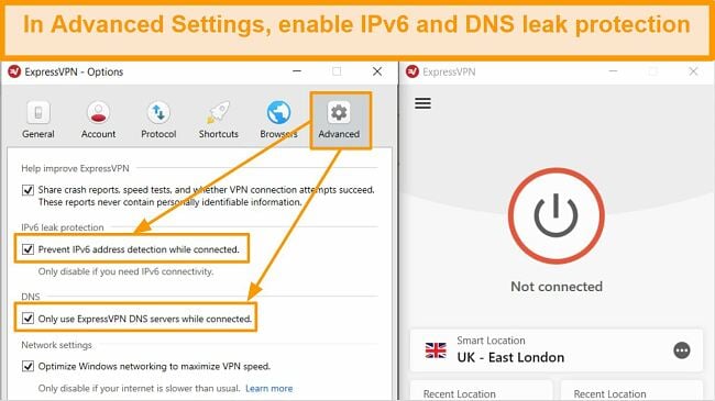 Screenshot of ExpressVPN Advanced Settings with IP and DNS leak protection turned on