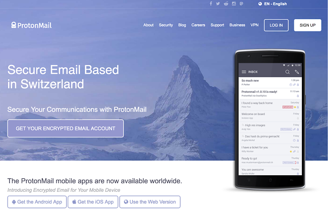 Capture d'Ă©cran de la page d'accueil de ProtonMail