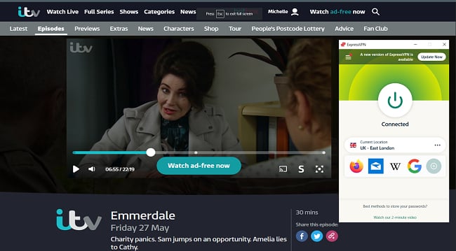 Screenshot of ExpressVPN streaming Emmerdale on ITV Hub
