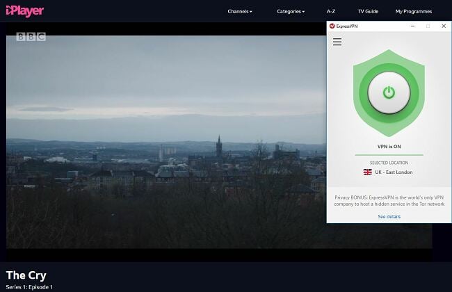 Screenshot of The Cry streaming on BBC IPlayer with ExpressVPN connected