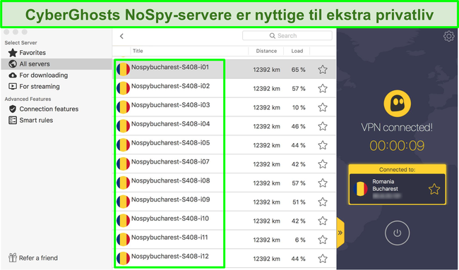 Skærmbillede CyberGhost VPN-interface, der viser NoSpy-serverne