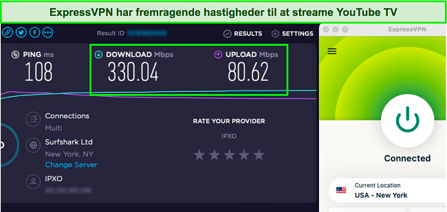 Skærmbillede af en hastighedstest sammen med ExpressVPN-appen