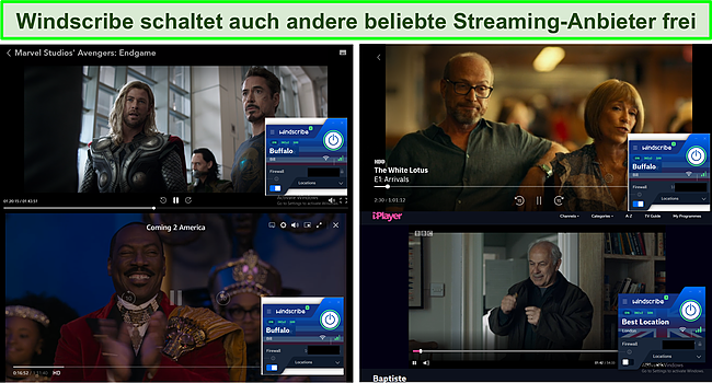 Screenshot, der zeigt, dass Windscribe auch andere beliebte Streaming-Dienste entsperrt.