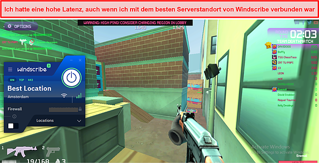 Screenshot mit hohem Ping beim Spielen mit Windscribe.