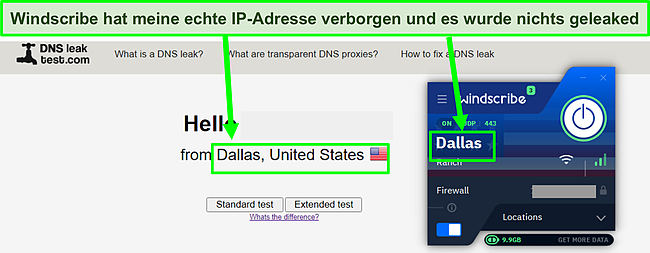 Screenshot, der die Ergebnisse des DNS-Leak-Tests zeigt, die bei einer Verbindung mit WIndscribe bestanden wurden.