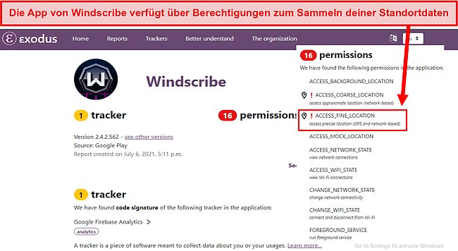 Screenshot der Windscribe-App, die mit Exodus auf Tracker überprüft wird.