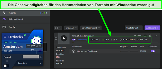 Screenshot von hohen Geschwindigkeiten beim Torrenting mit Windscribe.