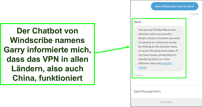 Screenshot des Chats mit Support, der zeigt, dass WIndscribe in China funktioniert.