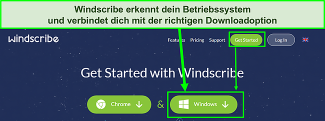 Screenshot, der zeigt, wie man Windscribe herunterlädt.