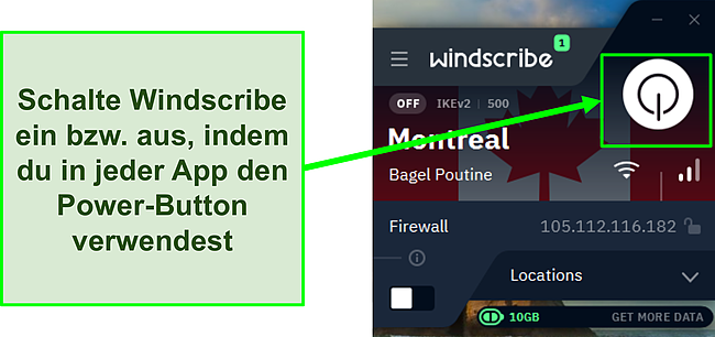 Screenshot, der zeigt, wie Windscribe VPN eingeschaltet wird.